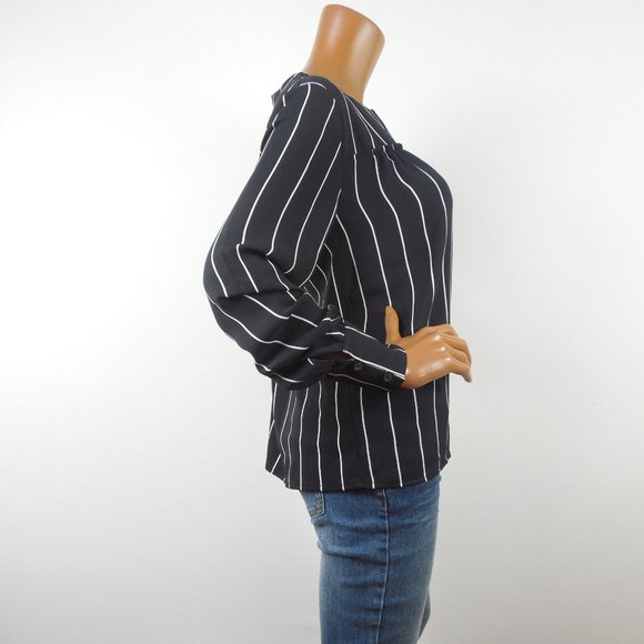 ANN TAYLOR Top M Striped Blouse Keyhole Front Long Sleeves Black/White Shirt - Picture 5 of 10